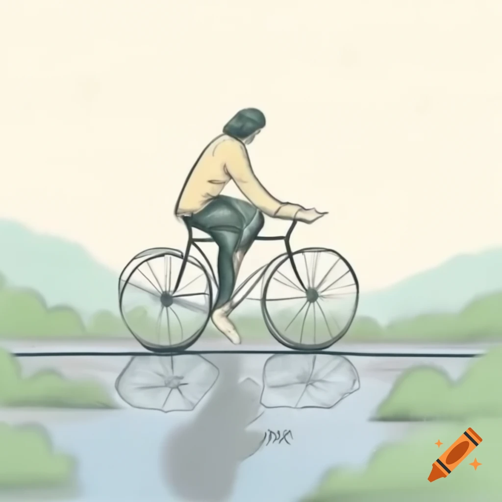Figure riding bicycle on misty road in soft watercolor style