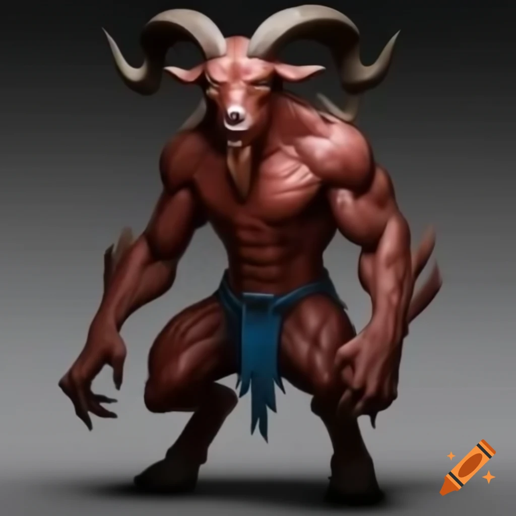 Goat-headed demon with large horns and muscular build in blue shorts
