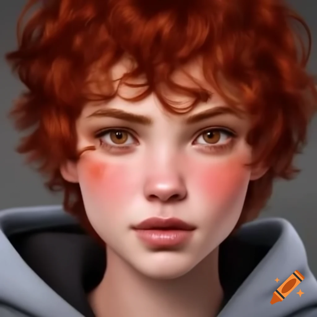Woman with short curly red hair and freckles wearing a hoodie