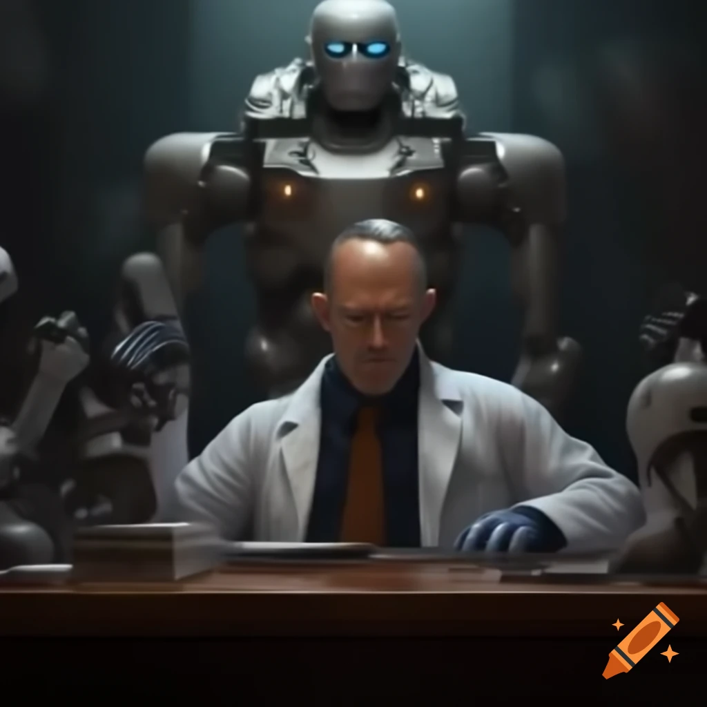 Violence scene between mad scientist and robot