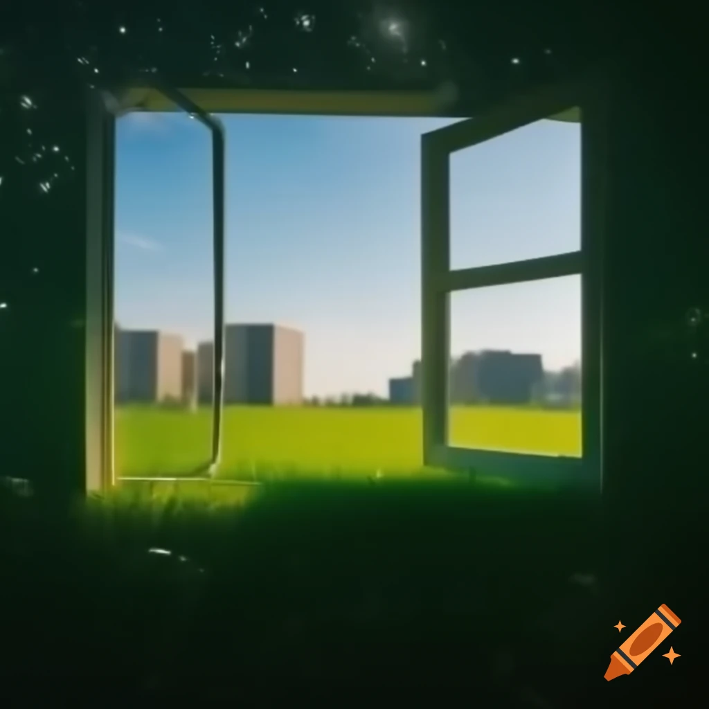 Sunny green field with bubbles and buildings, reminiscent of Windows XP background