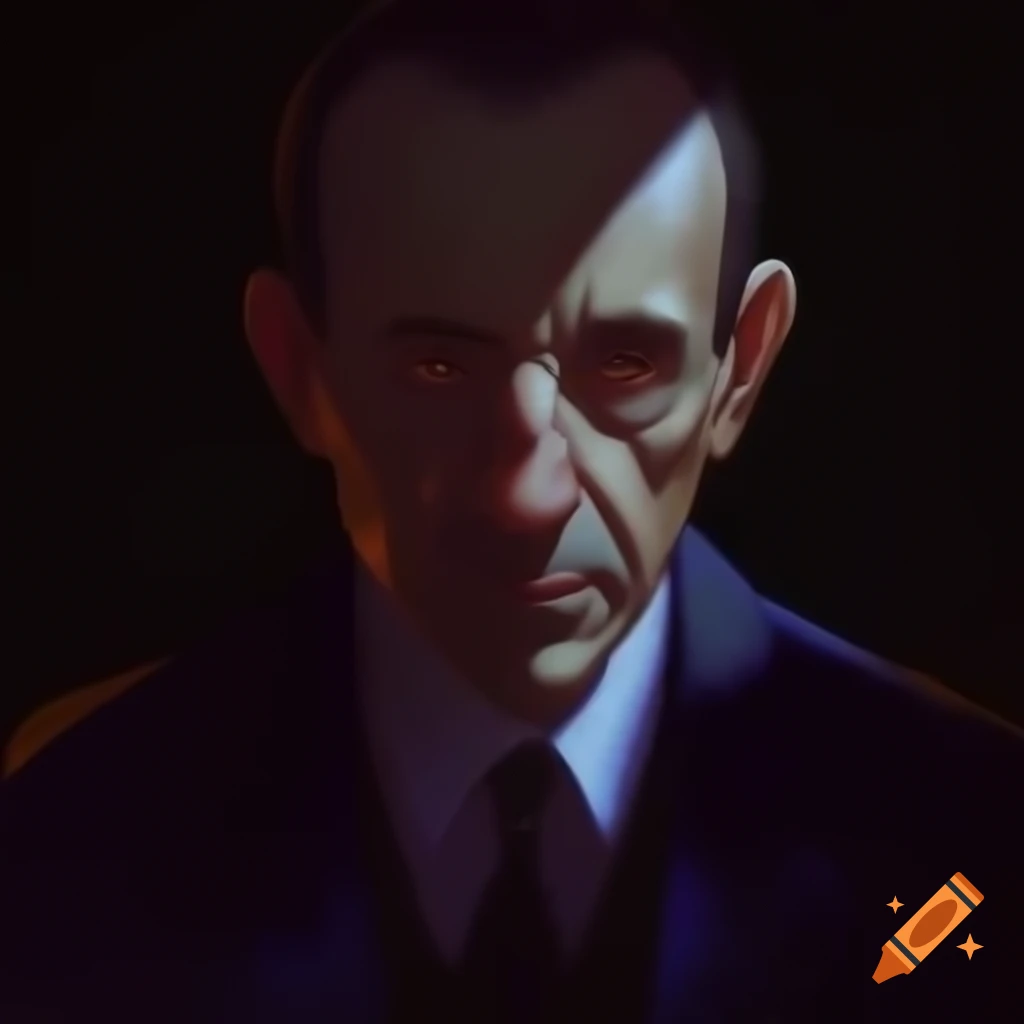 Mysterious middle-aged man in suit with face hidden in shadows, digital painting