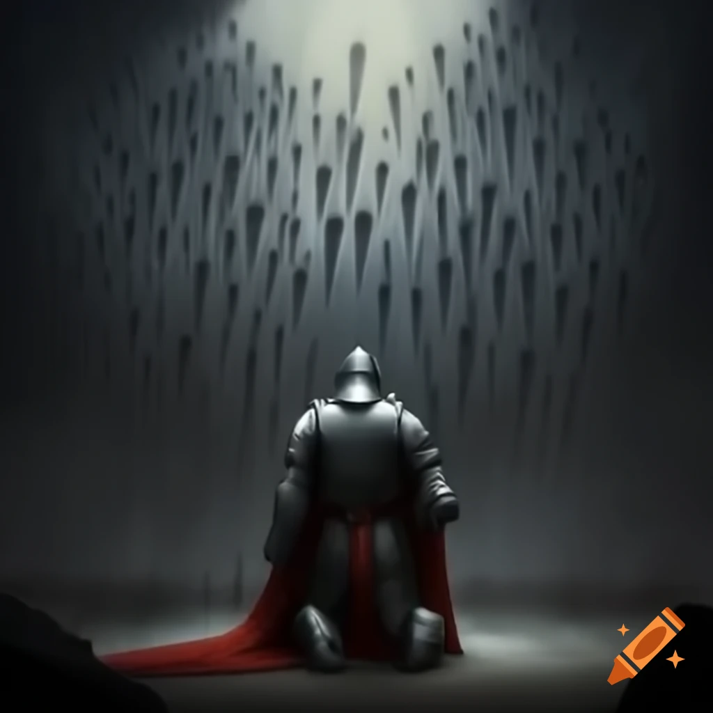 Knight kneeling amidst a storm of arrows, symbolizing acceptance