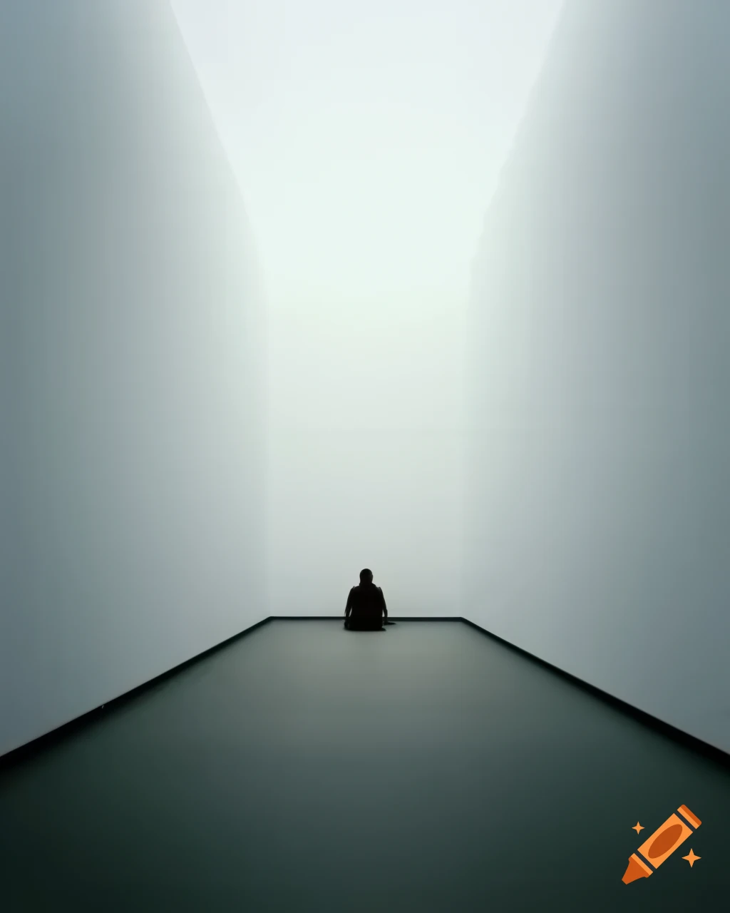 Solitary figure against white wall in empty hall, conveying loneliness