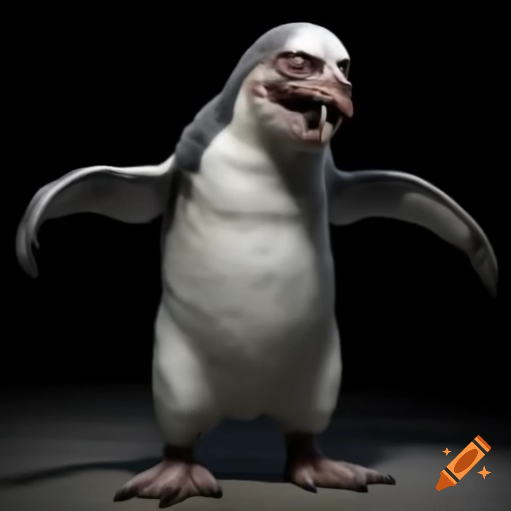 Realistic depiction of a deformed and cursed zombie penguin