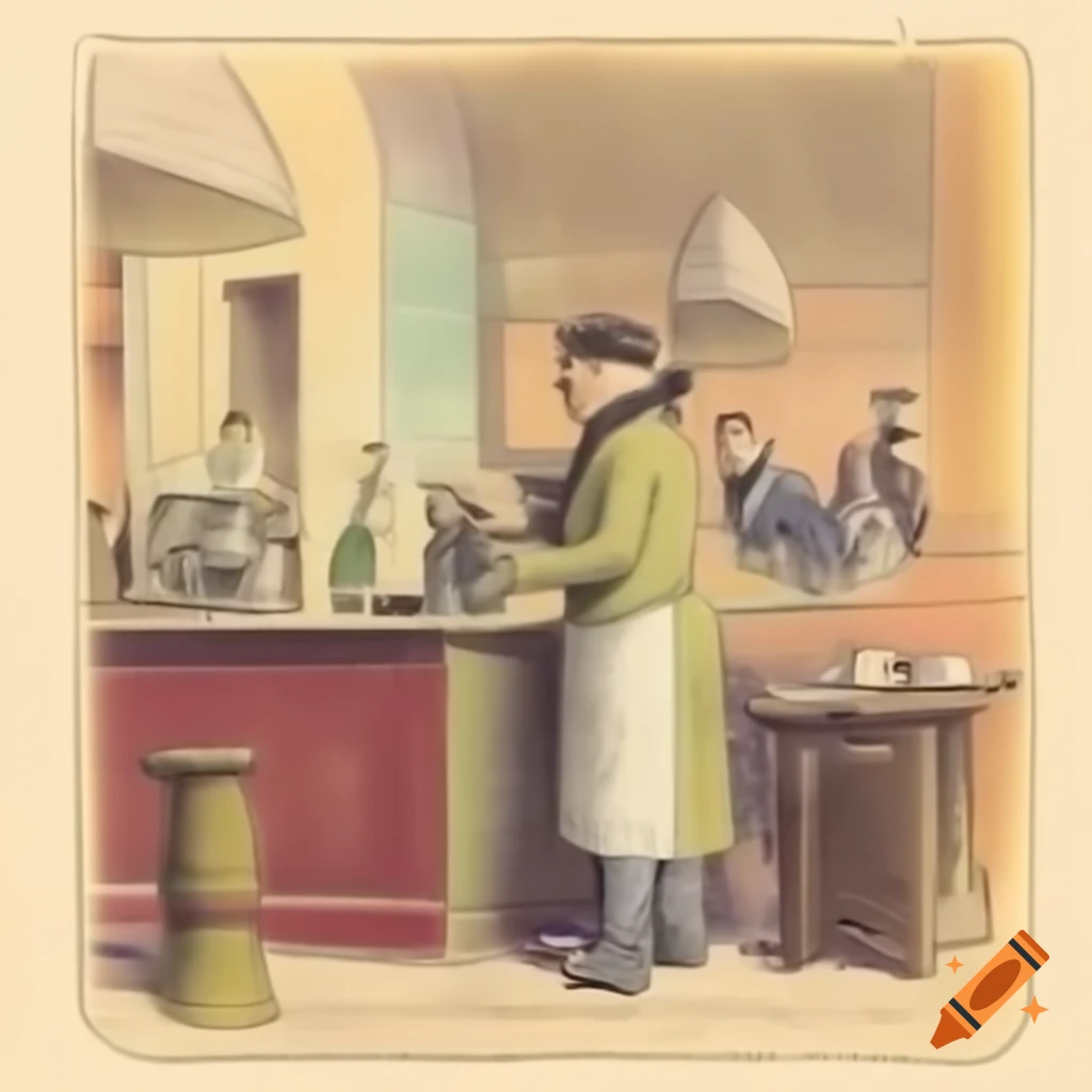 Antique drawing of French bartender Pere Pamphile in 1800s restaurant