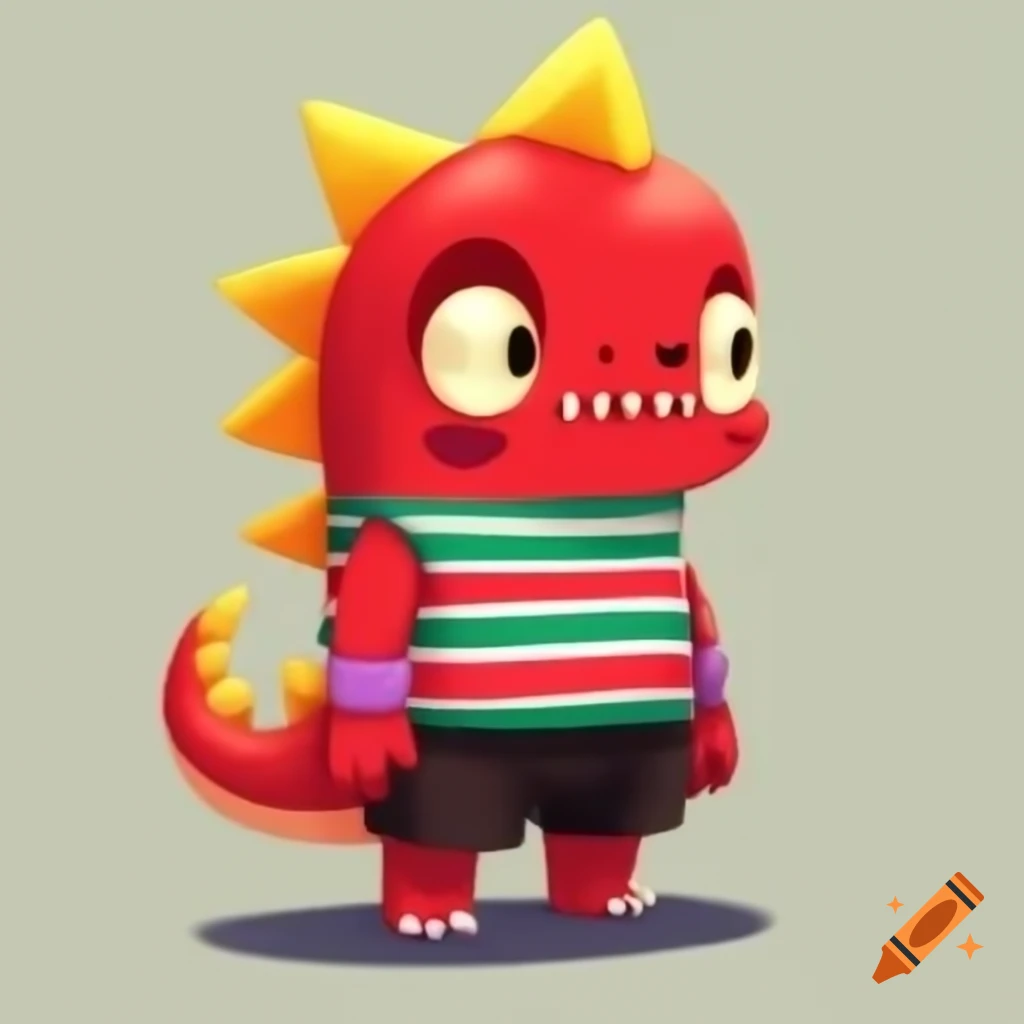 Anthropomorphic dinosaur in blue t-shirt and shorts, anime style