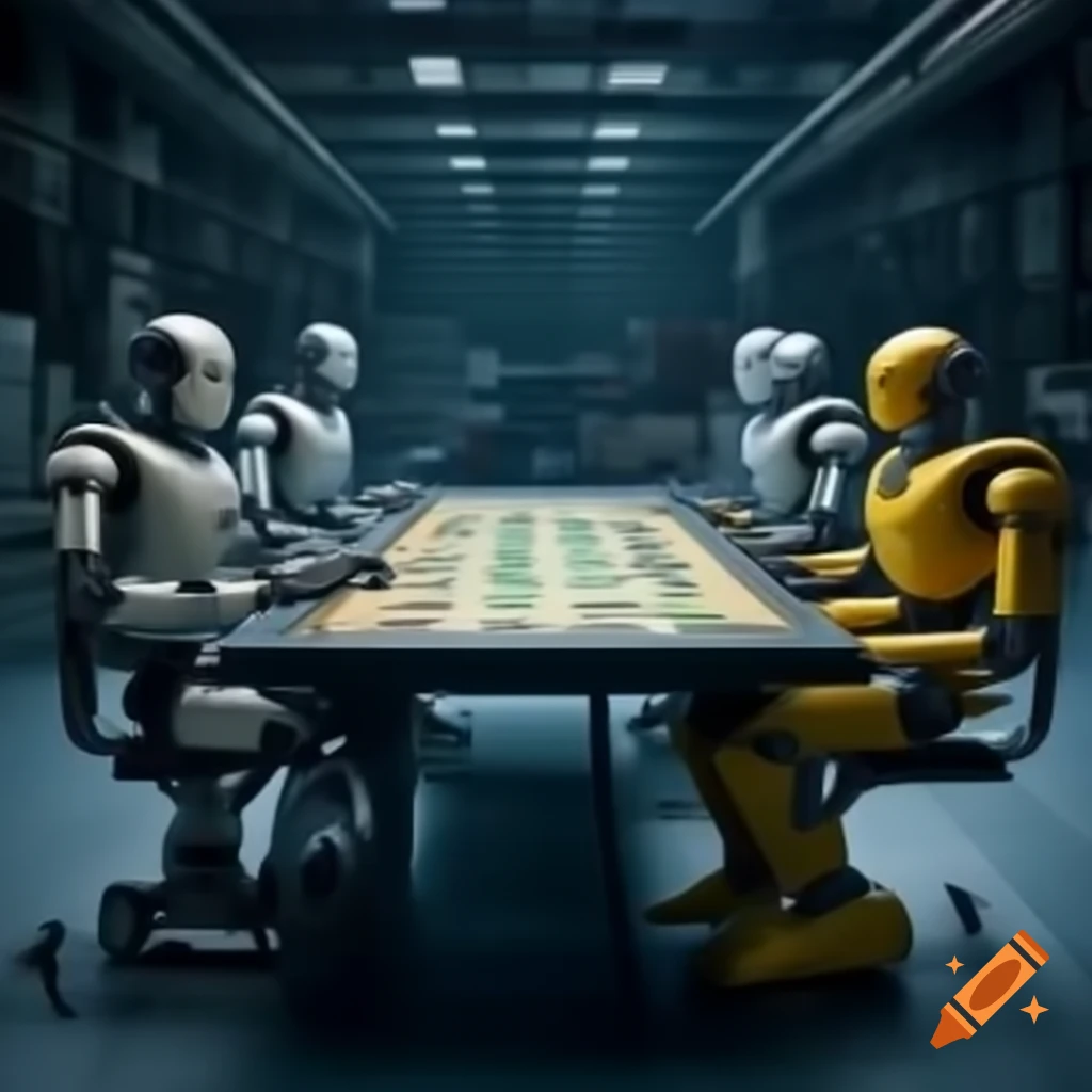 Robots playing board game at a table in a robot factory