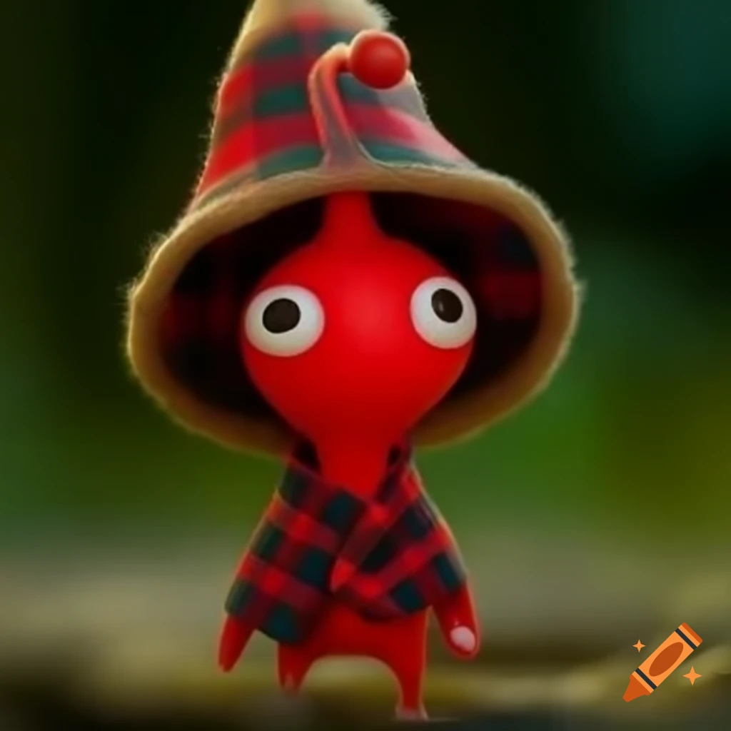 Red Pikmin wearing plaid trapper hat and long sleeve shirt