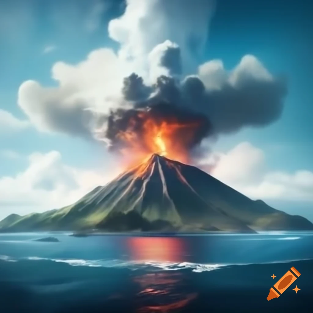 Tropical volcanic island with plume of fire viewed from the ocean under sunny sky