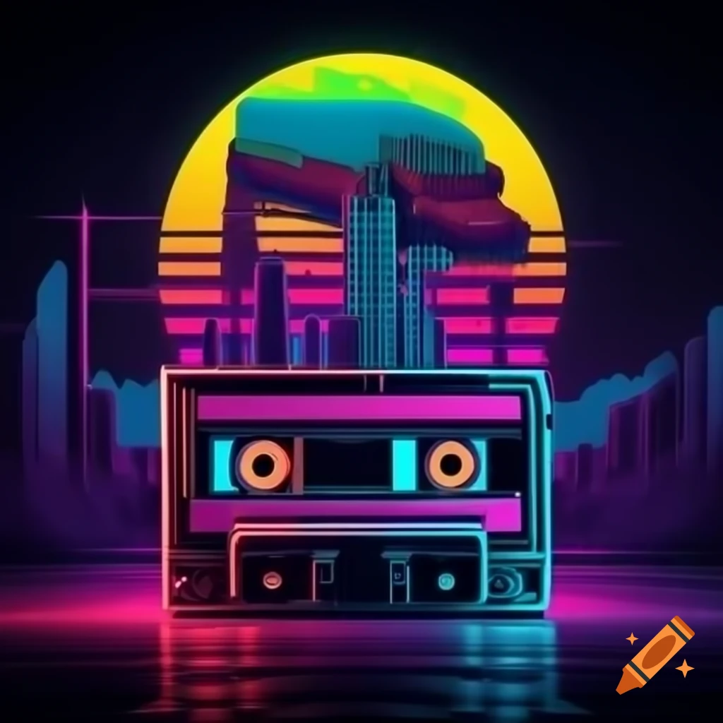 Retro neon design with sunset palm trees vintage car and 80s
