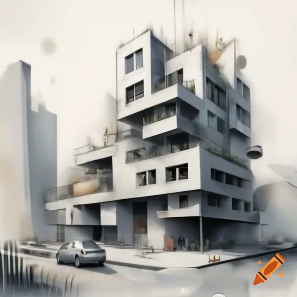 Brutalist gray building with watercolor splashes, game model