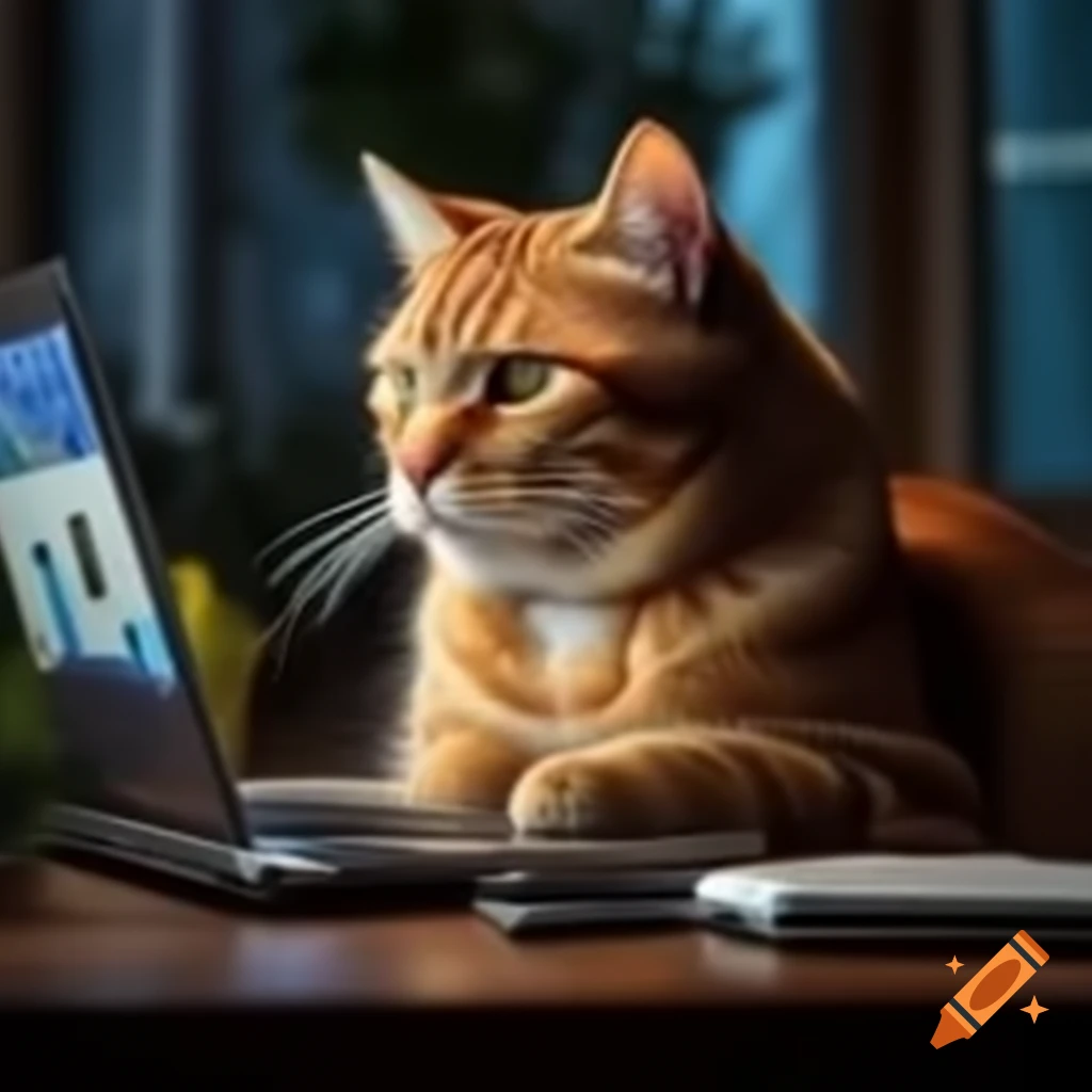 Orange fur cat working in front of a laptop