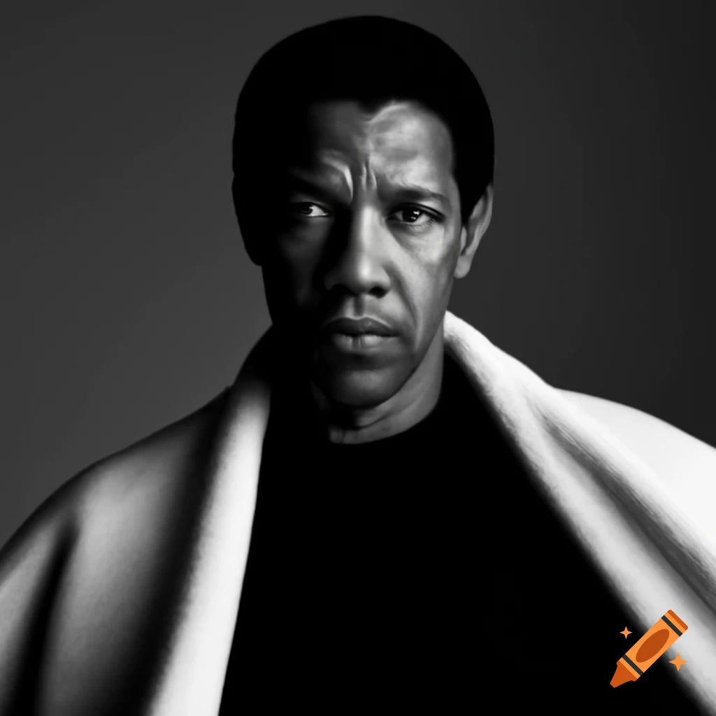 Denzel Washington in a white blanket over a black long-sleeved shirt