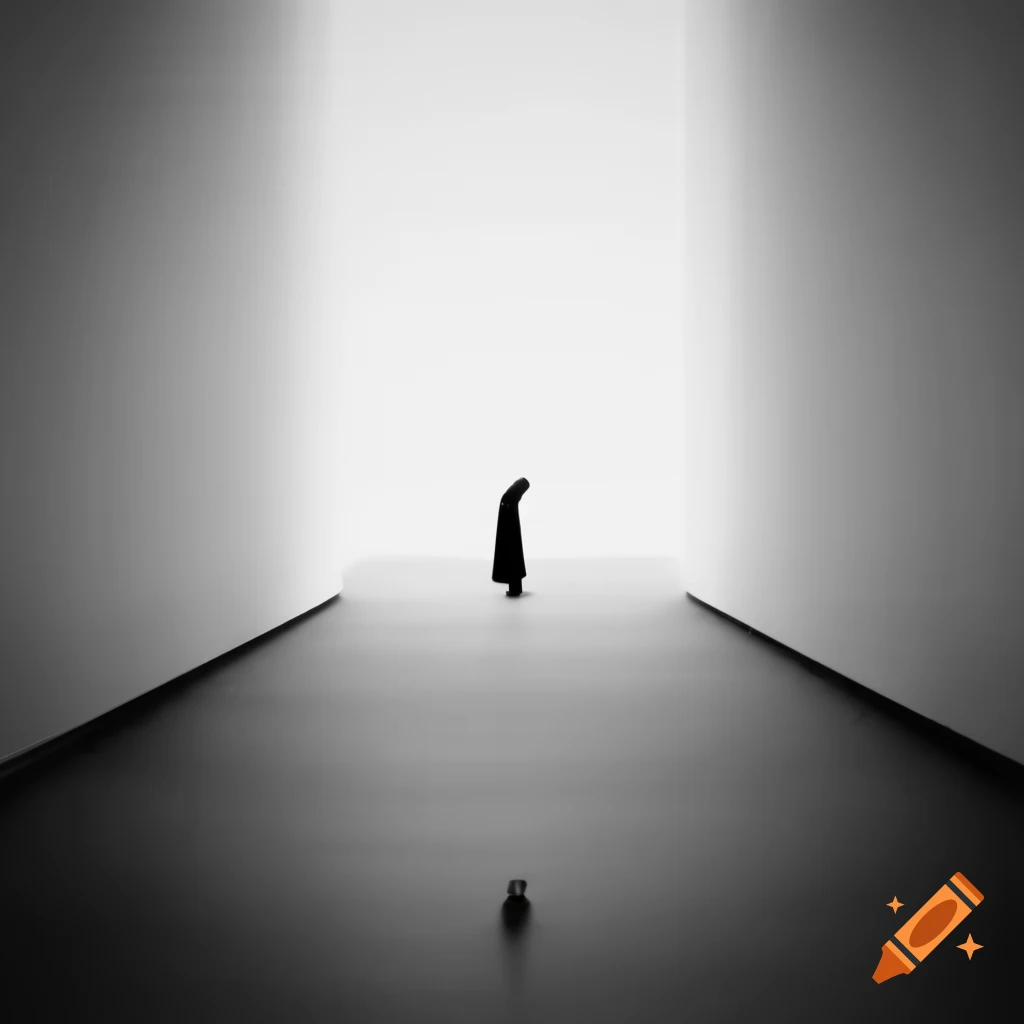 Solitary figure against white wall in empty hall conveying loneliness