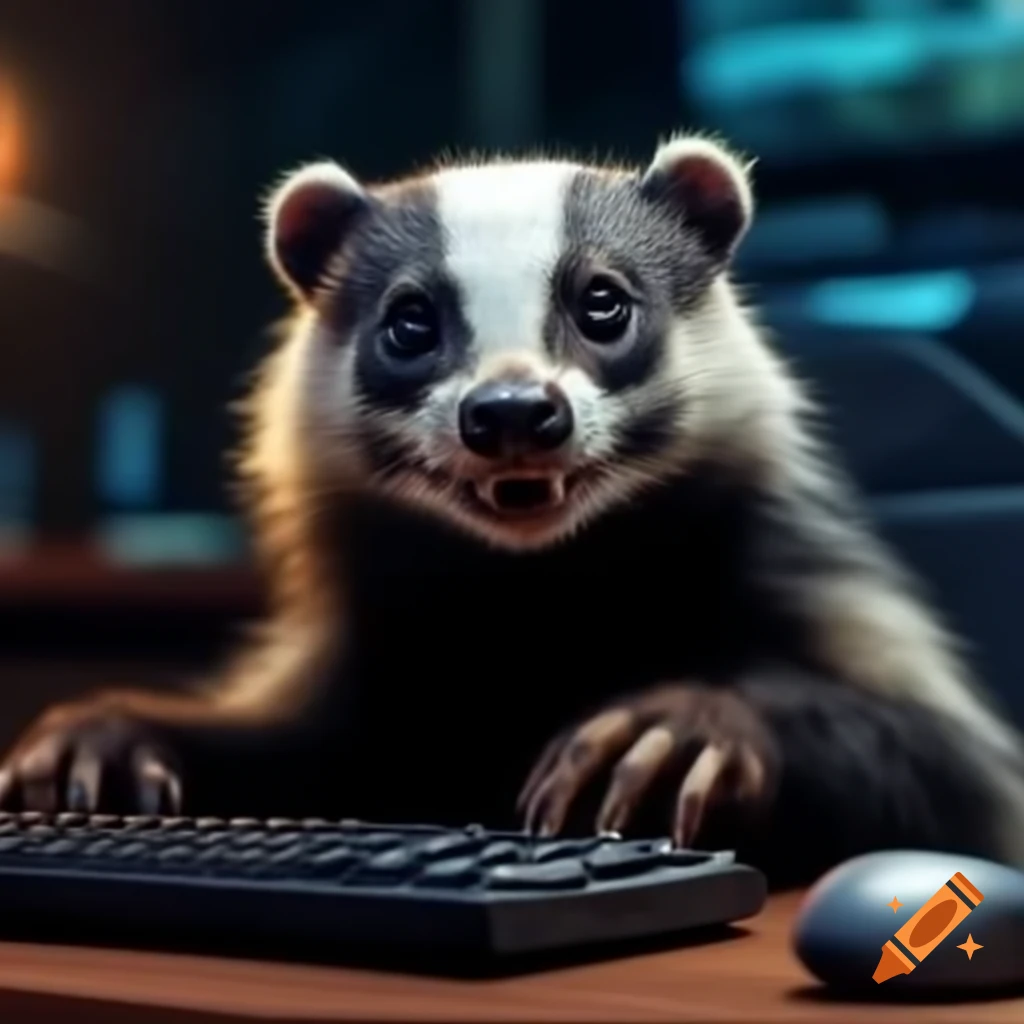 Vicious looking badger with a computer keyboard
