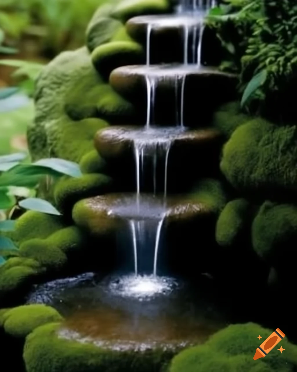 Indoor fountain with mossy stones, featuring an endless cascade of water and soft illumination