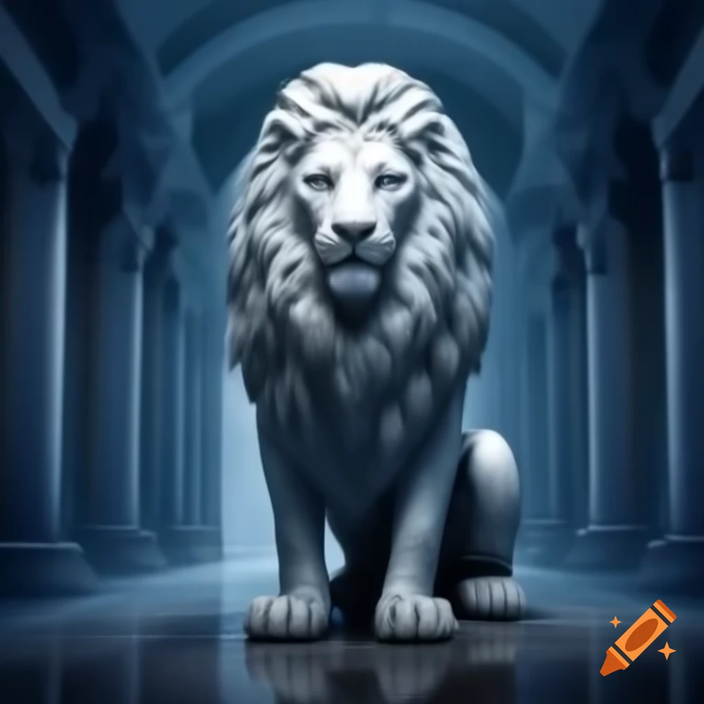 Majestic marble lion statue guarding a hallway