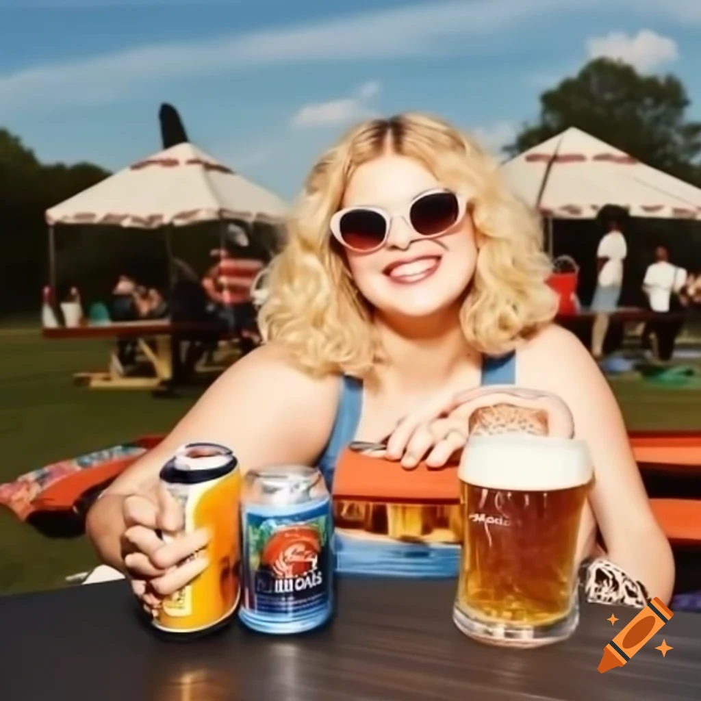 Smiling chubby blonde with sunglasses at picnic table holding beer on