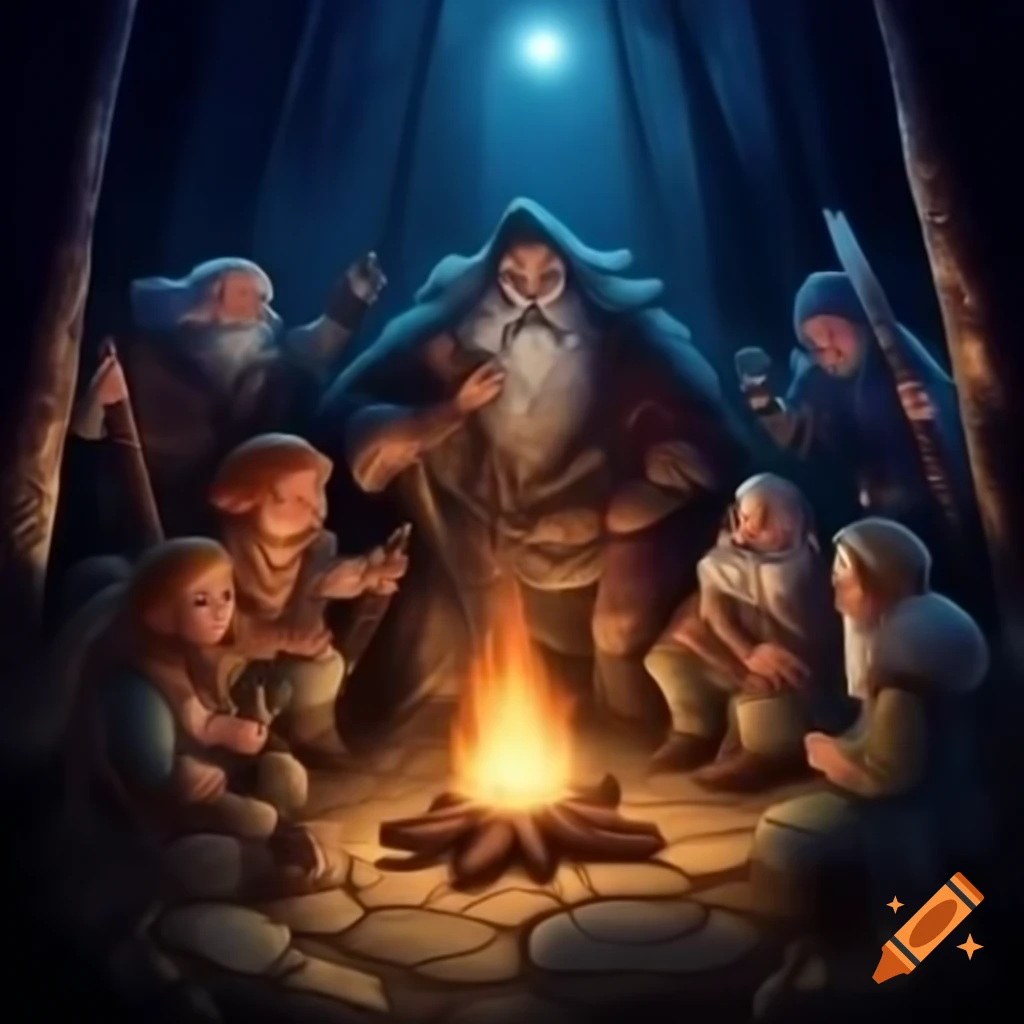 Adventurers gathered under starlit sky, including warrior, wizard, explorer, and deep-sea adventurer