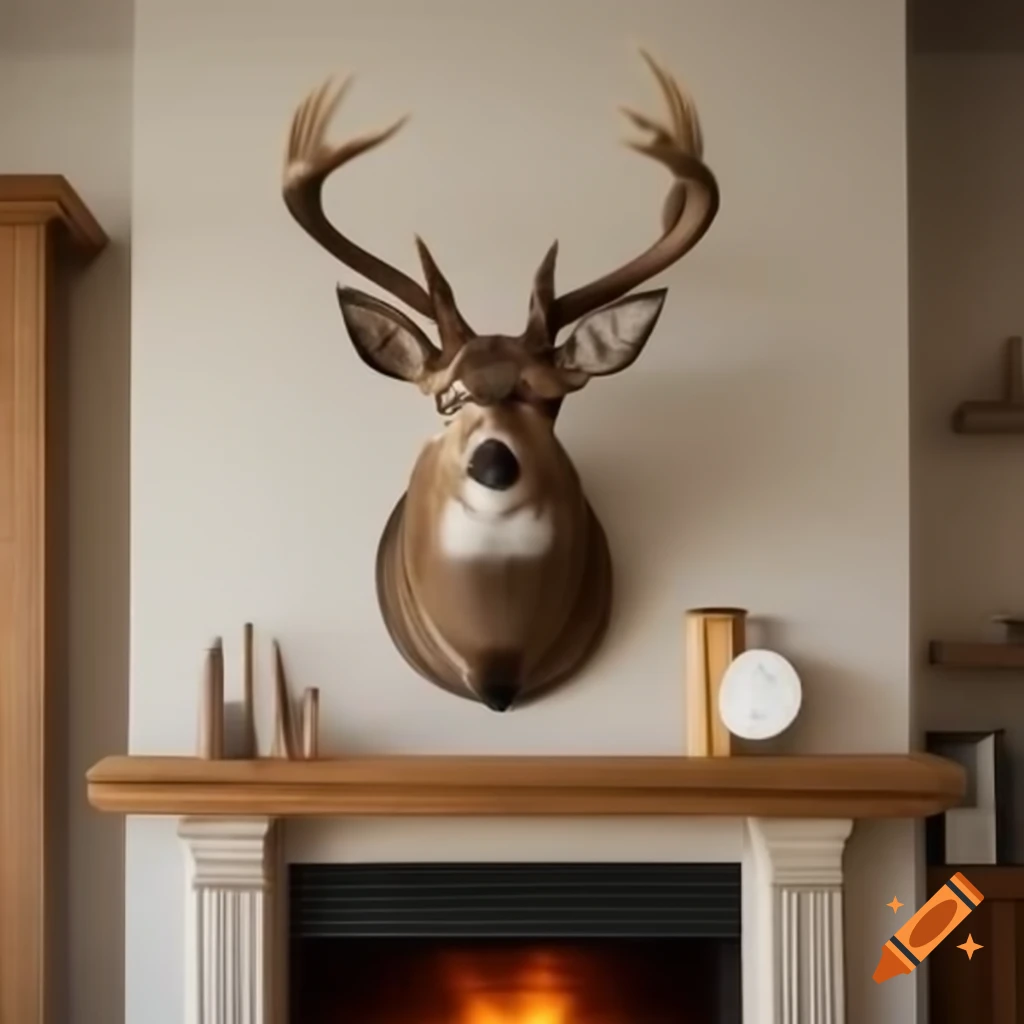Mounted deer head above cozy fireplace
