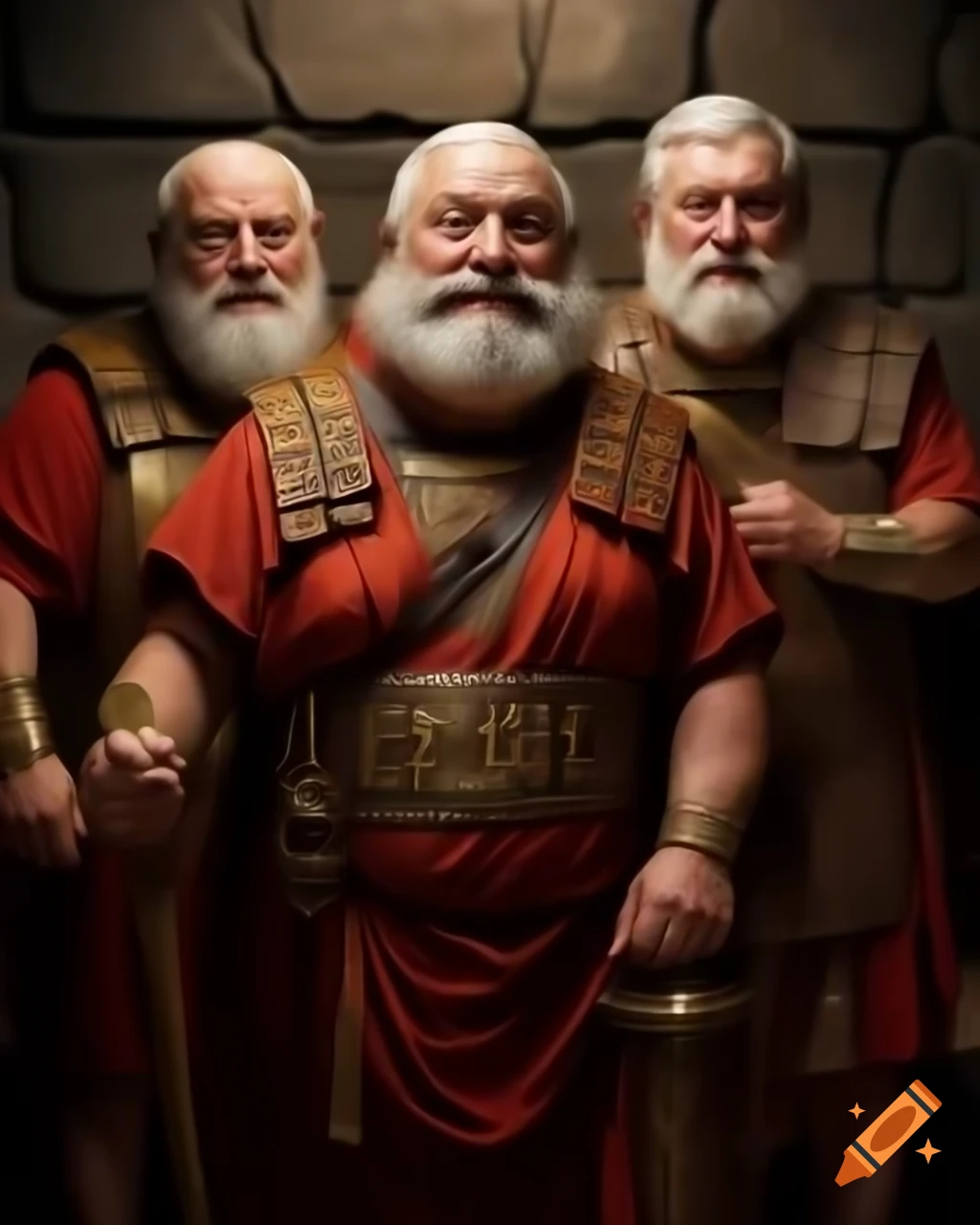 Three humorous ancient Roman elders in togas singing against a backdrop of Roman fortifications