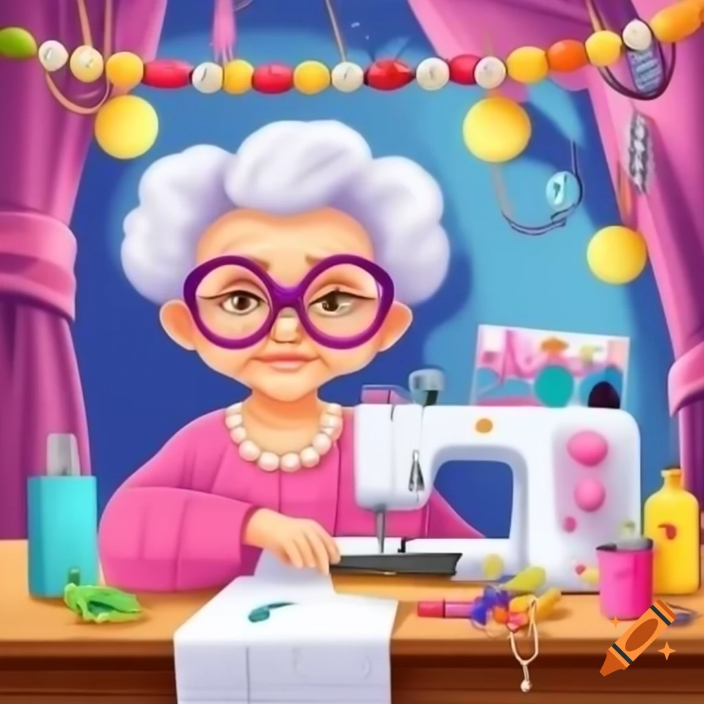 Elderly woman with cat eye glasses at sewing machine, wearing twin set and pearls