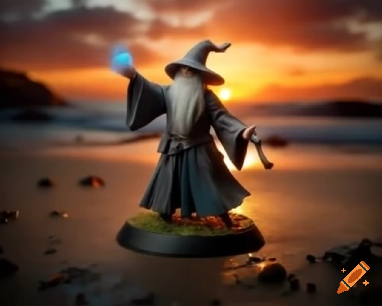 Miniature Gandalf DJing at beach party during sunset