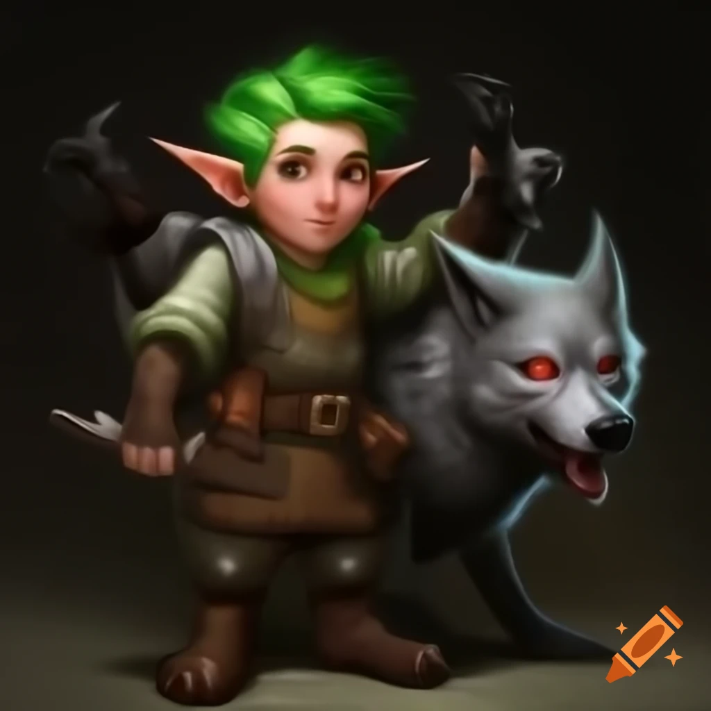 Young male gnome artificer with green hair holding a giant wrench, robot wolf in background