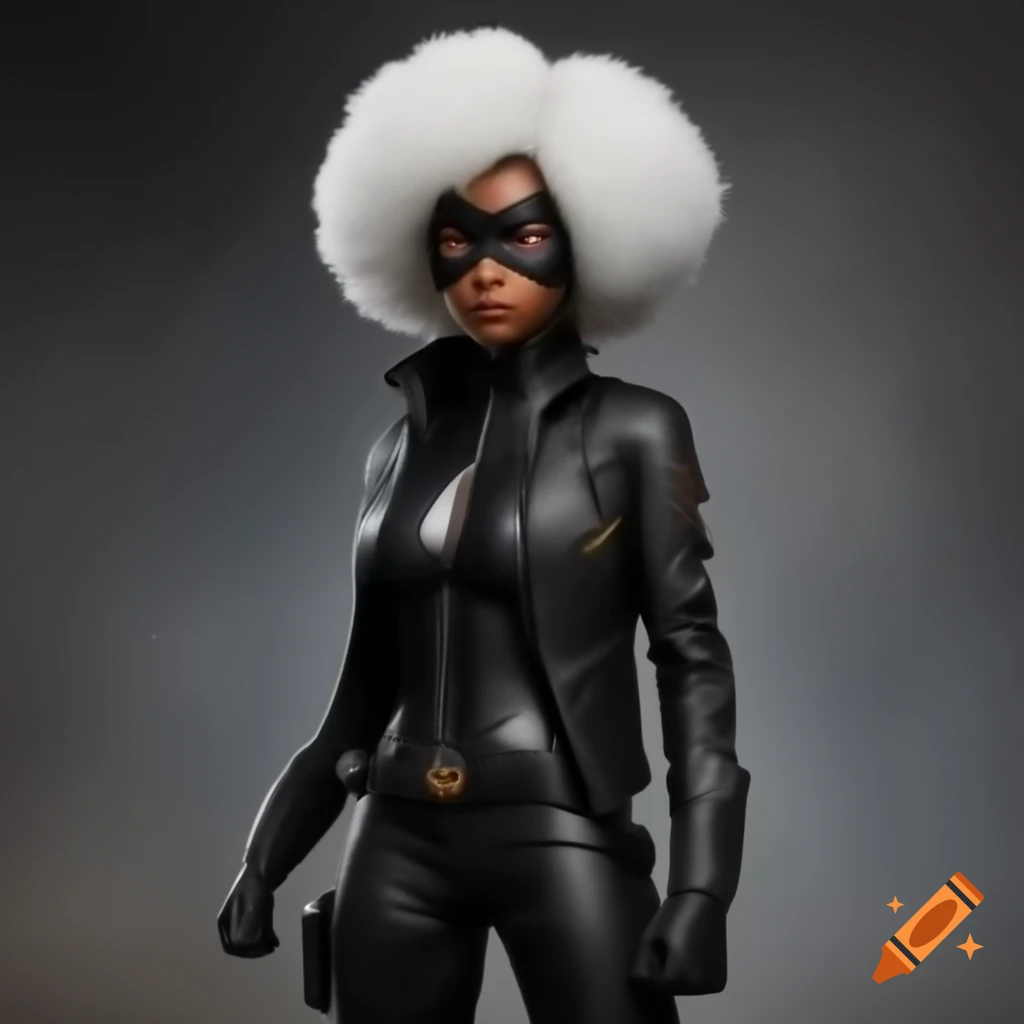 Realistic portrayal of Black Cat character from Marvel, African American female with white afro hair in black catsuit