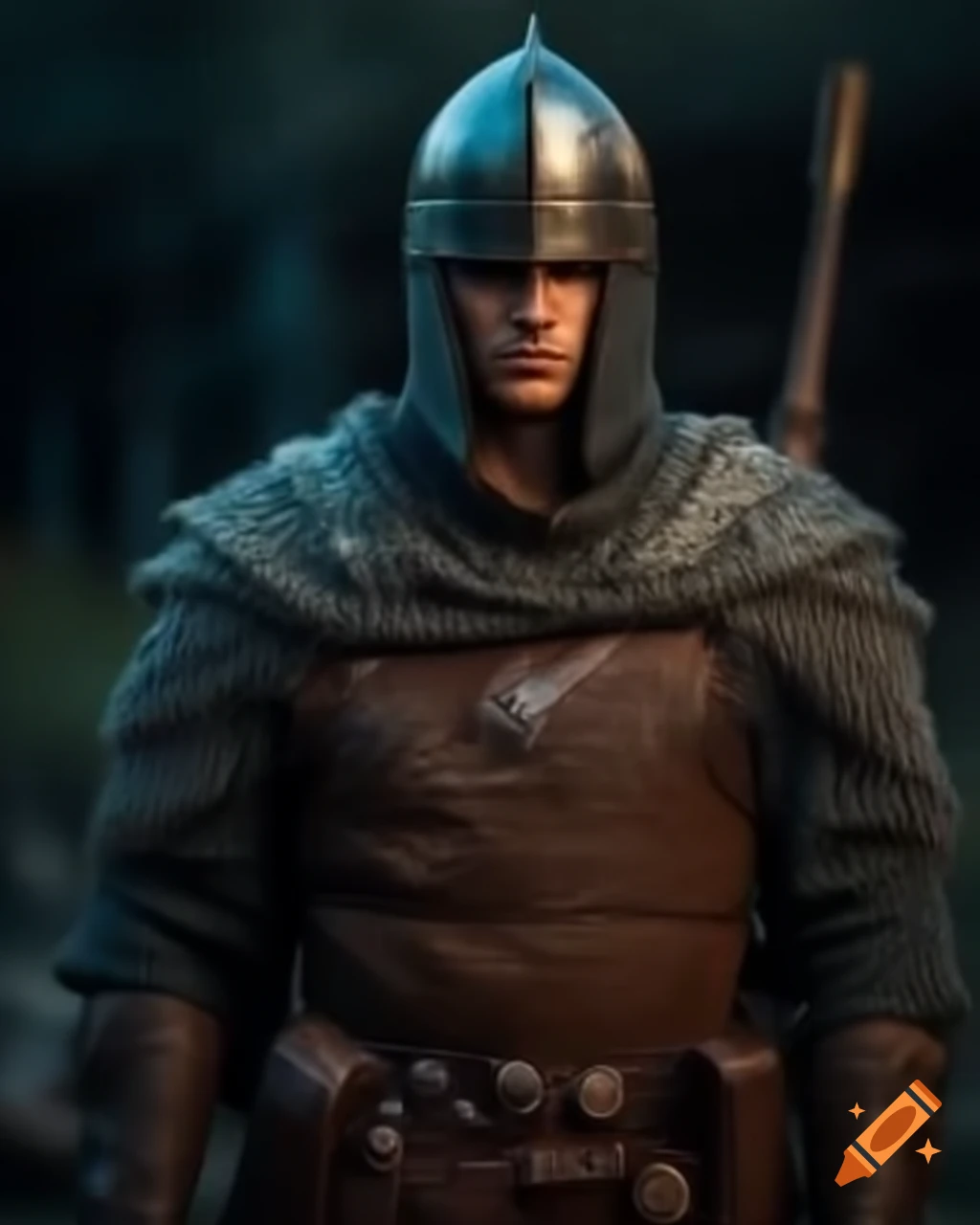 Male fantasy warrior in chainmail armor and helmet