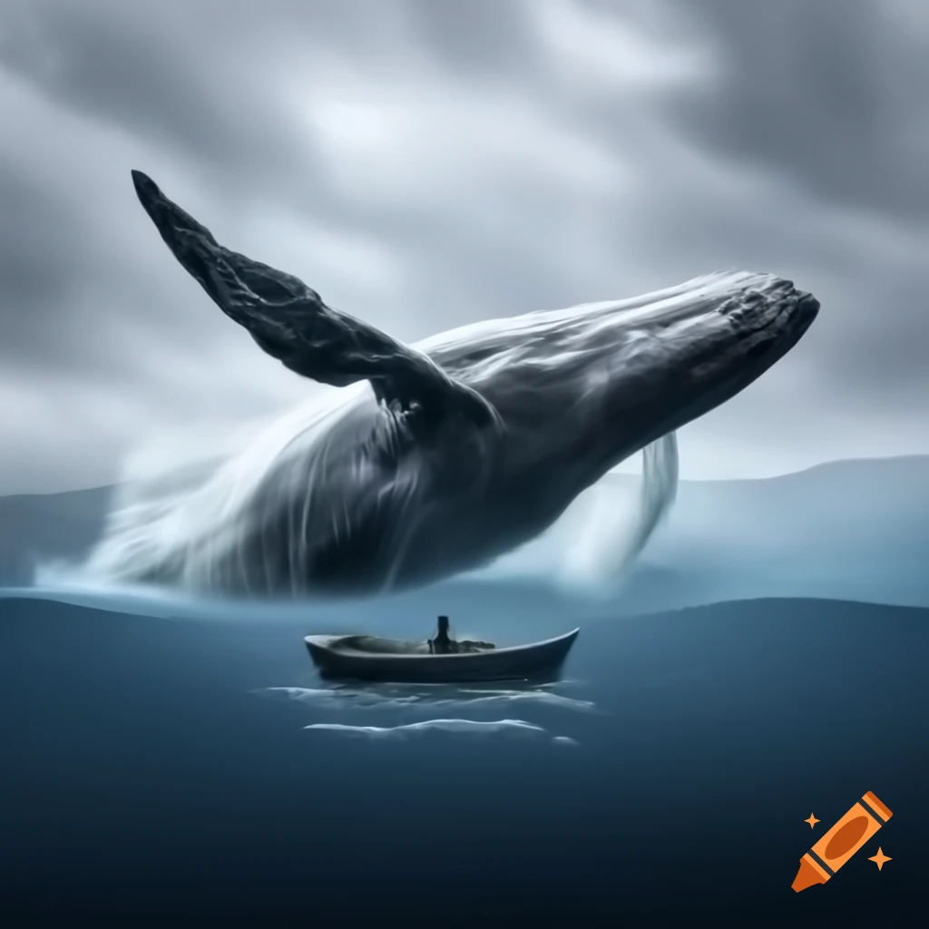 Small boat with occupant in foggy sky, humpback whale emerging from clouds