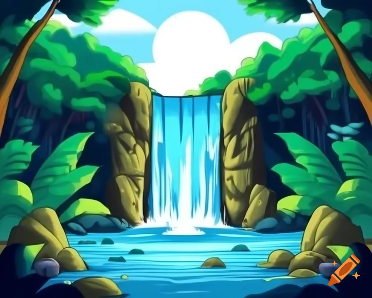 Beautiful waterfall in lush jungle with sunlight filtering through trees