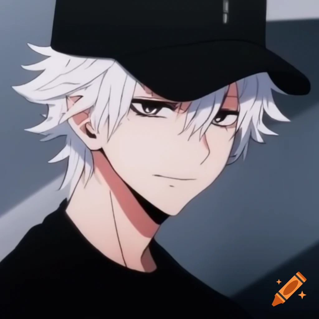 Anime character with black eyes and messy white hair wearing a black shirt and cap