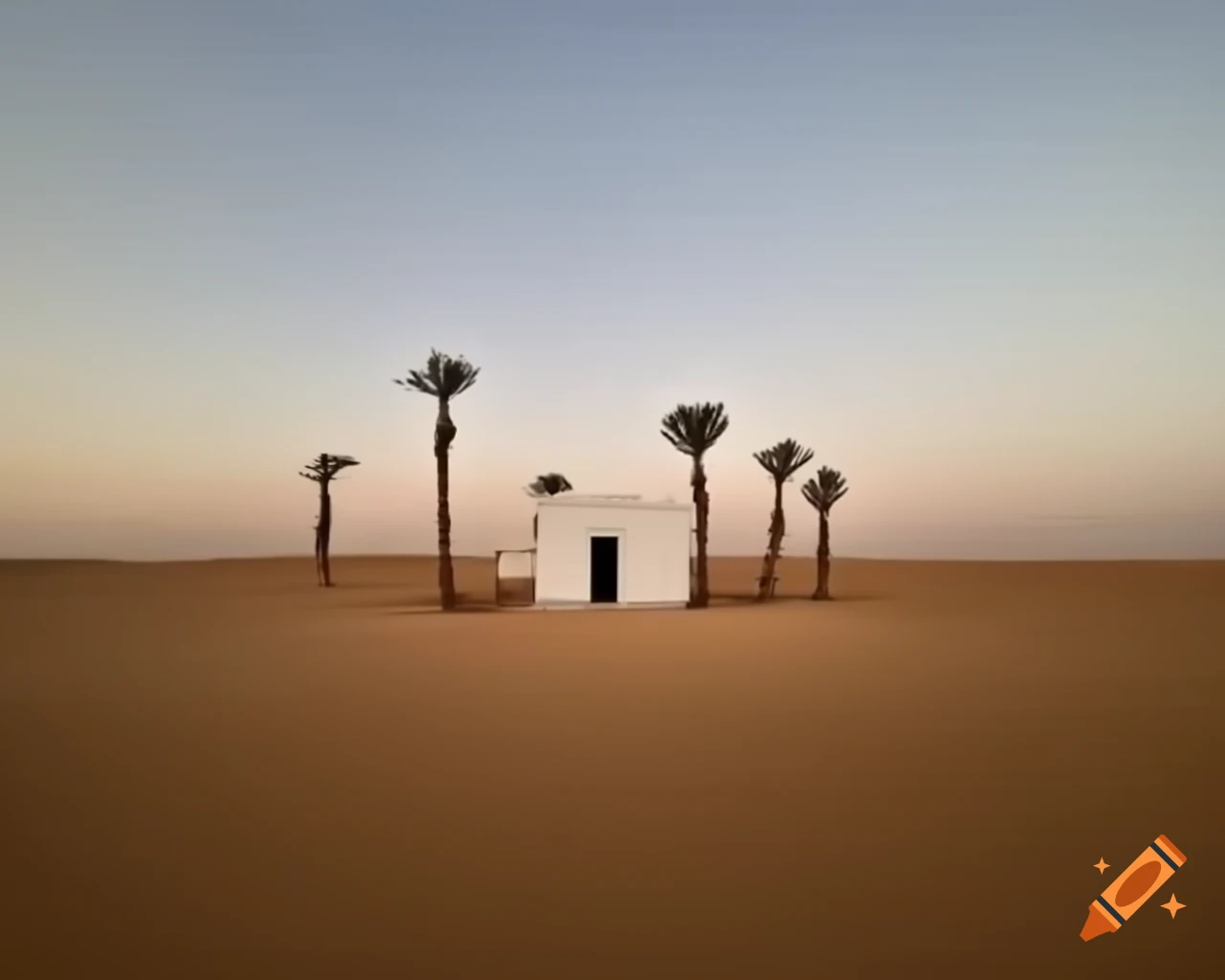 Flat-roofed white cabin in barren desert landscape with sparse vegetation