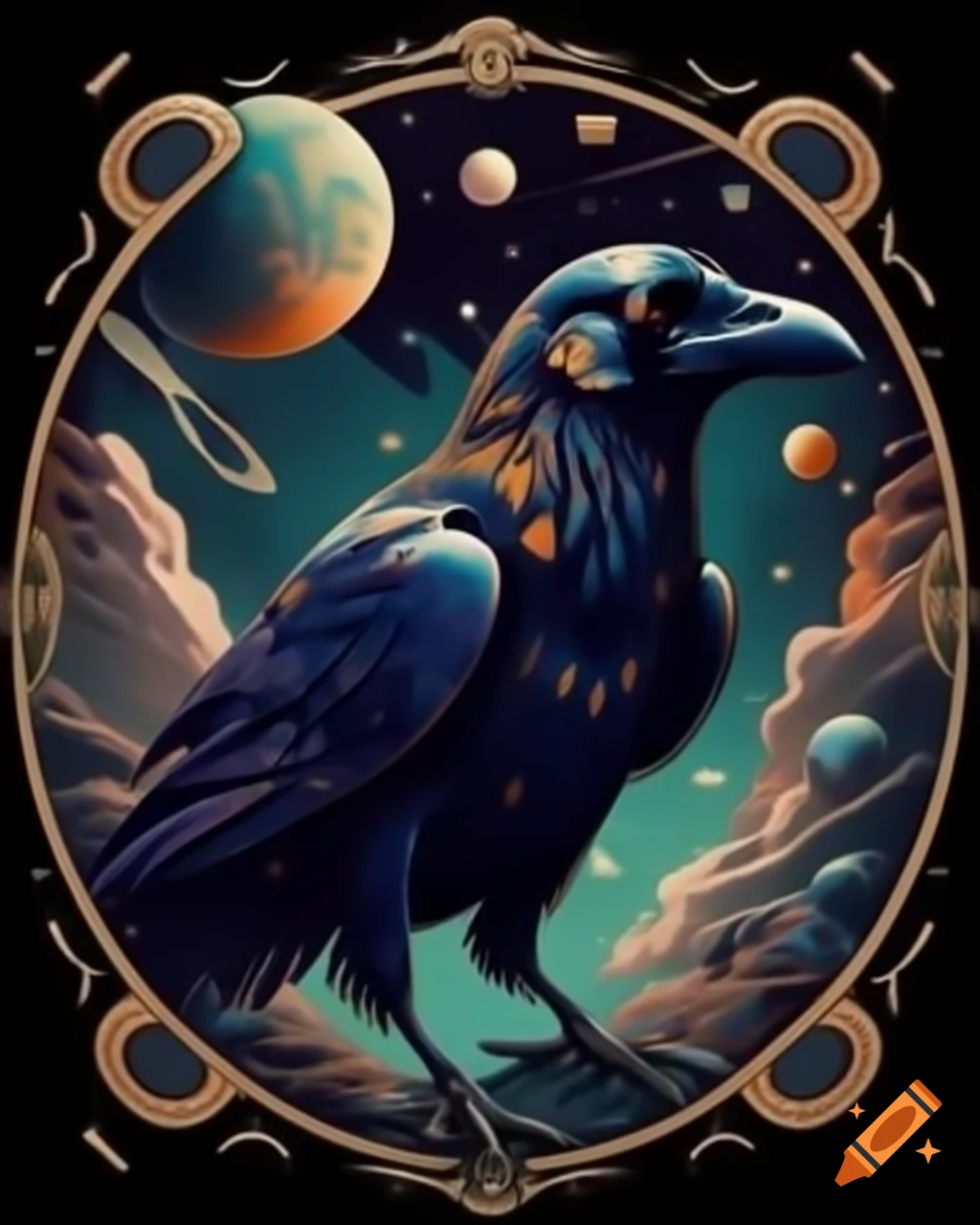 Art nouveau poster featuring ravens in space