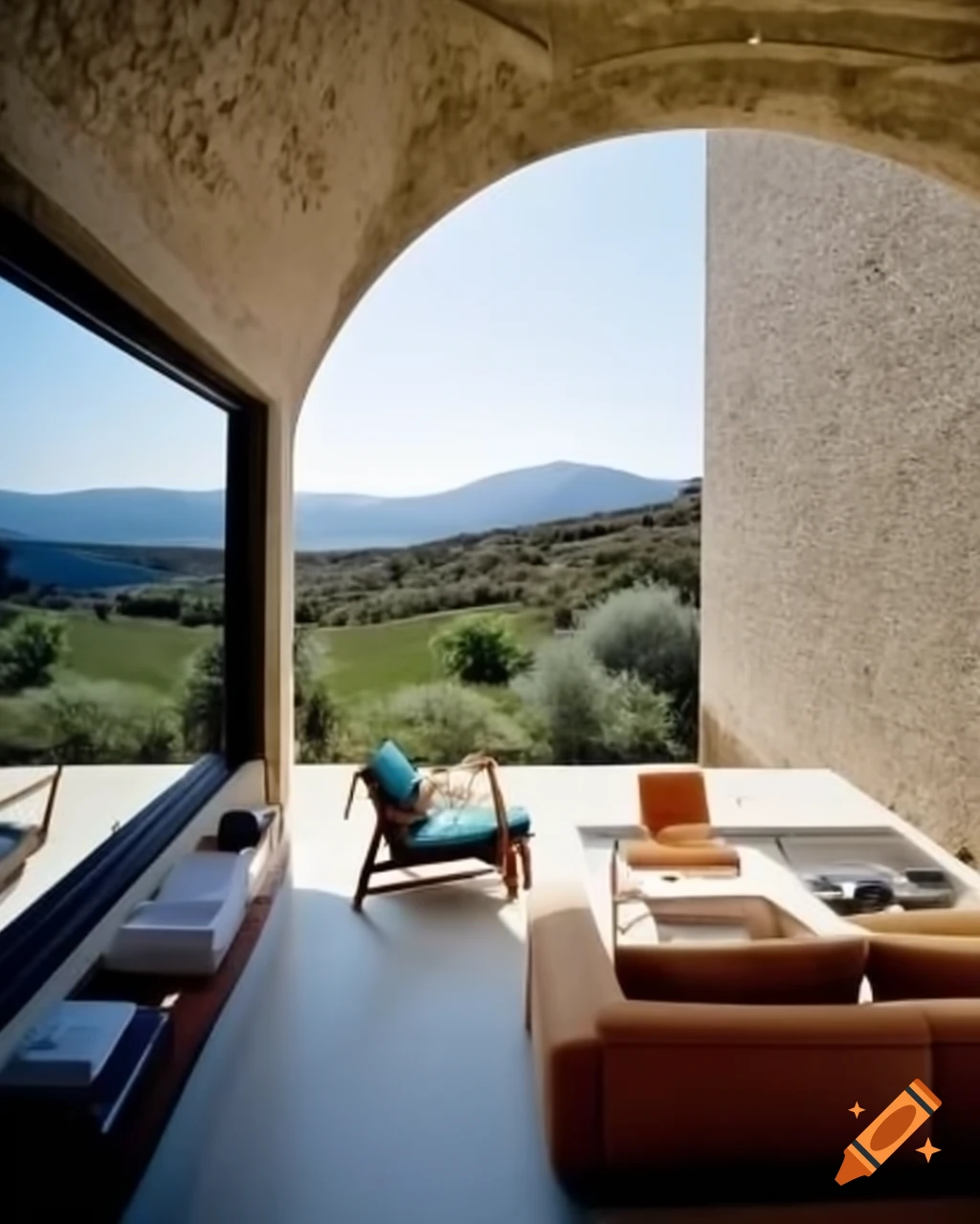 Contemporary Greek living room with clean lines and stunning landscape views