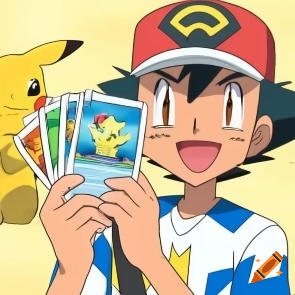 Pokémon character smiling while holding Pokémon cards