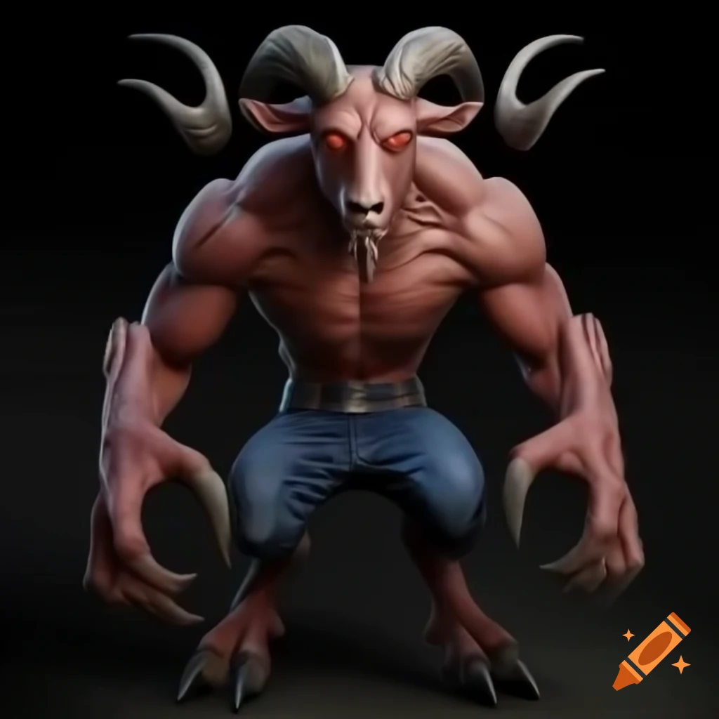 Strong goat-headed demon with large horns and muscular legs, HD realistic