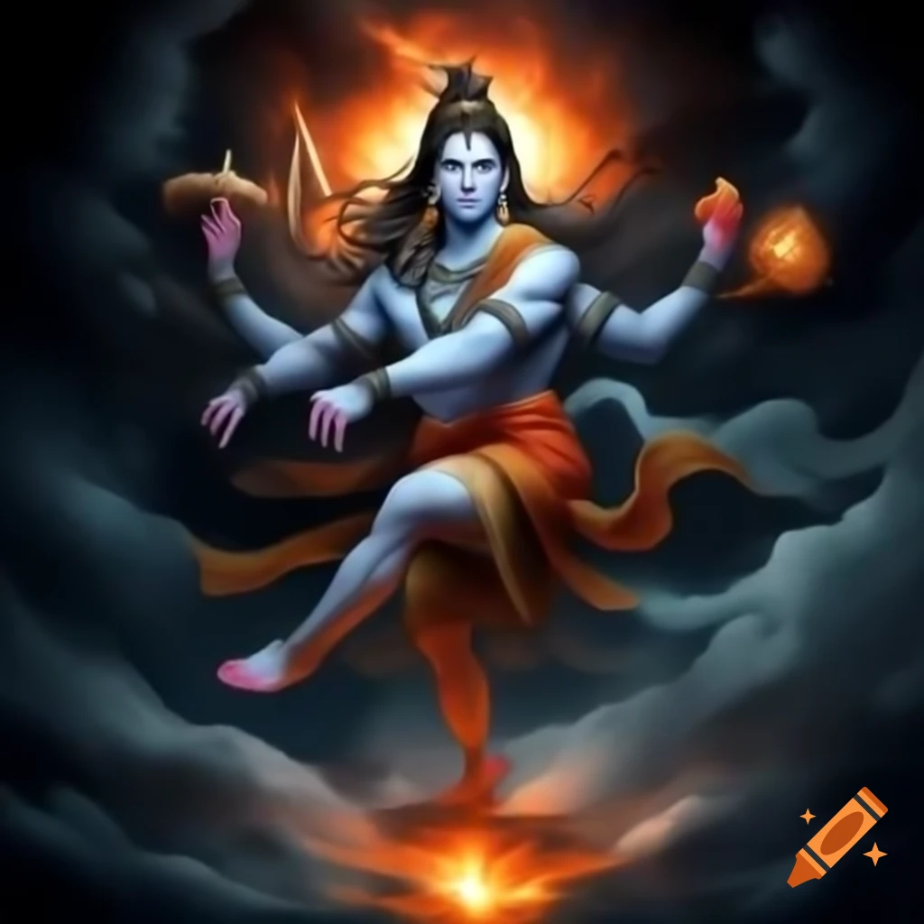 Lord Shiva emerging from infinite pillar of fire, showcasing Lord Brahma as a flying swan and Lord Vishnu as a diving boar