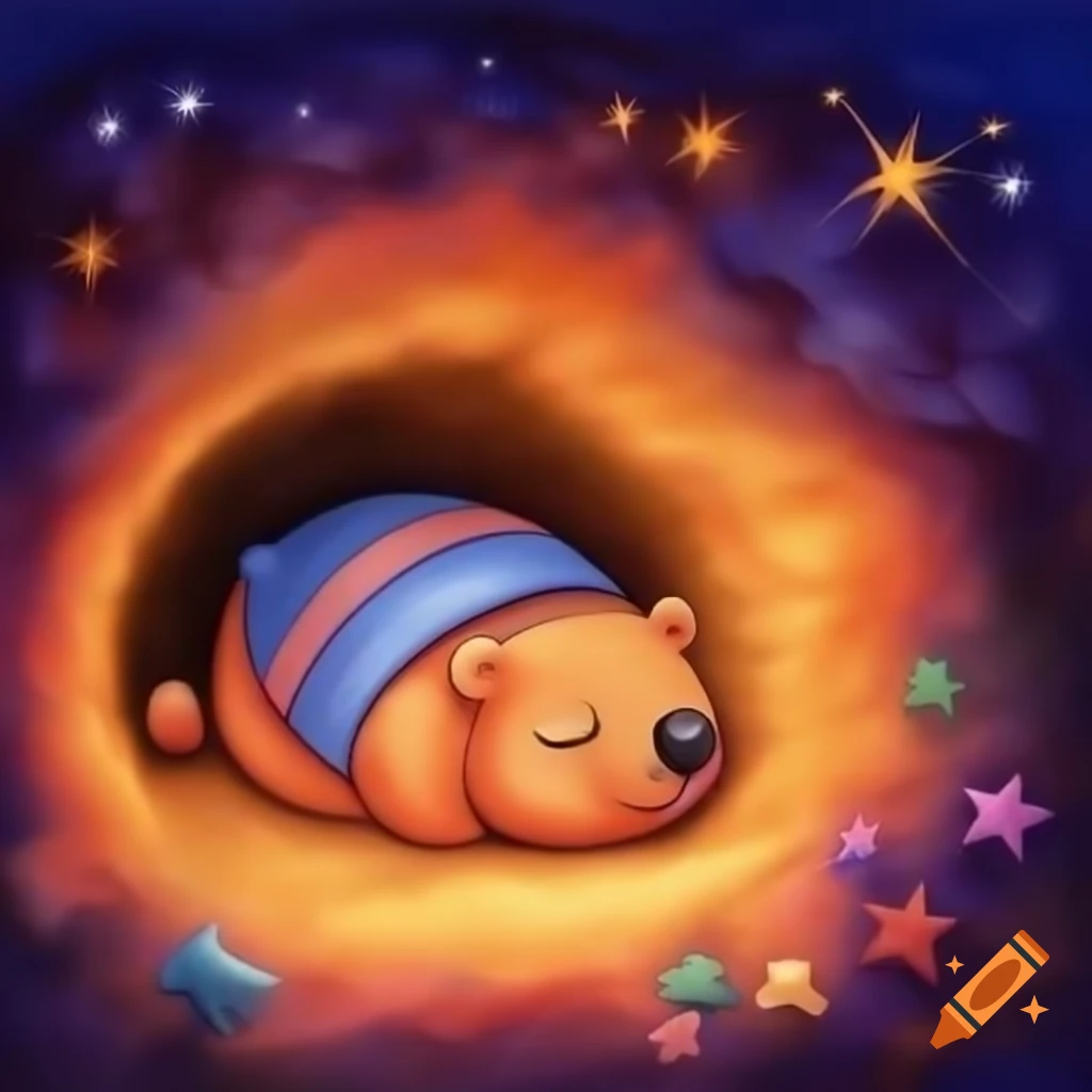 Wally the wombat sleeping in burrow under starry sky, whimsical cartoon style