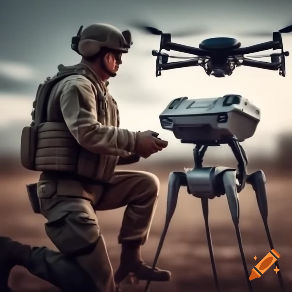Soldier operating drone with robotic silver military dog