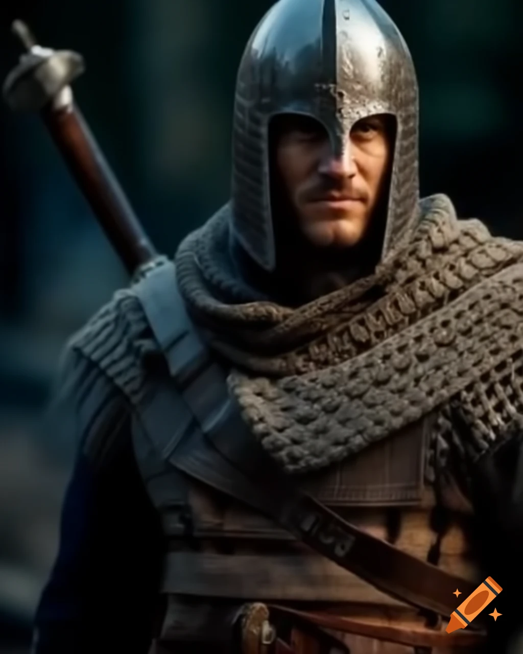 Male fantasy warrior in chainmail and helmet standing confidently