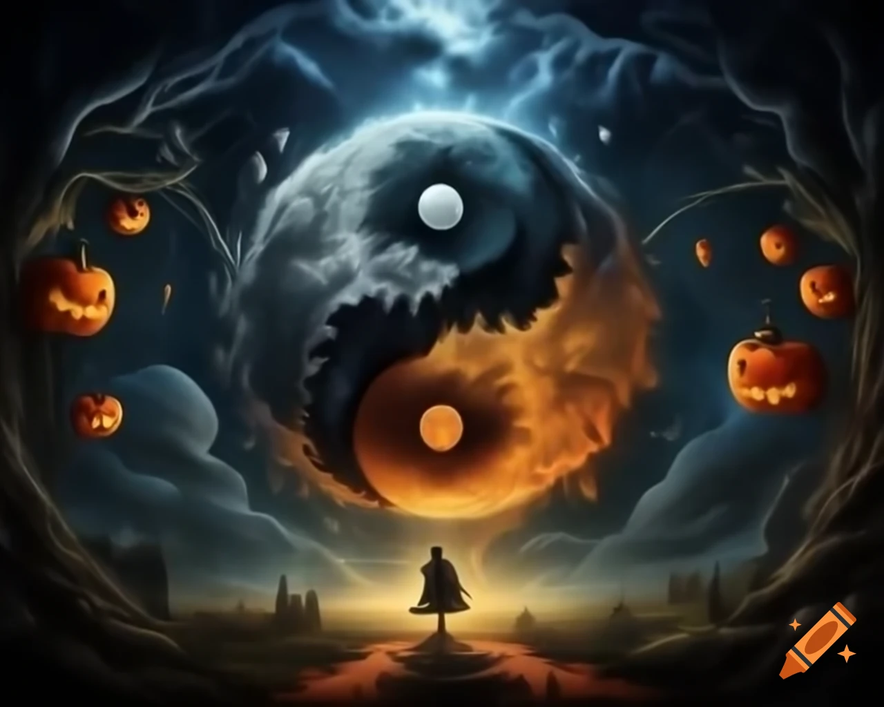 Surreal fantasy illustration in Halloween theme with Yin and Yang