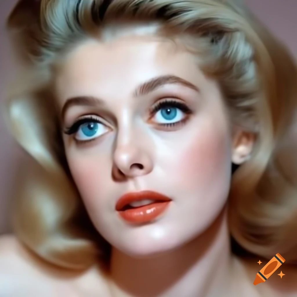 Hyper-realistic candid shot of a beautiful European actress from 1963 with porcelain skin and blue eyes