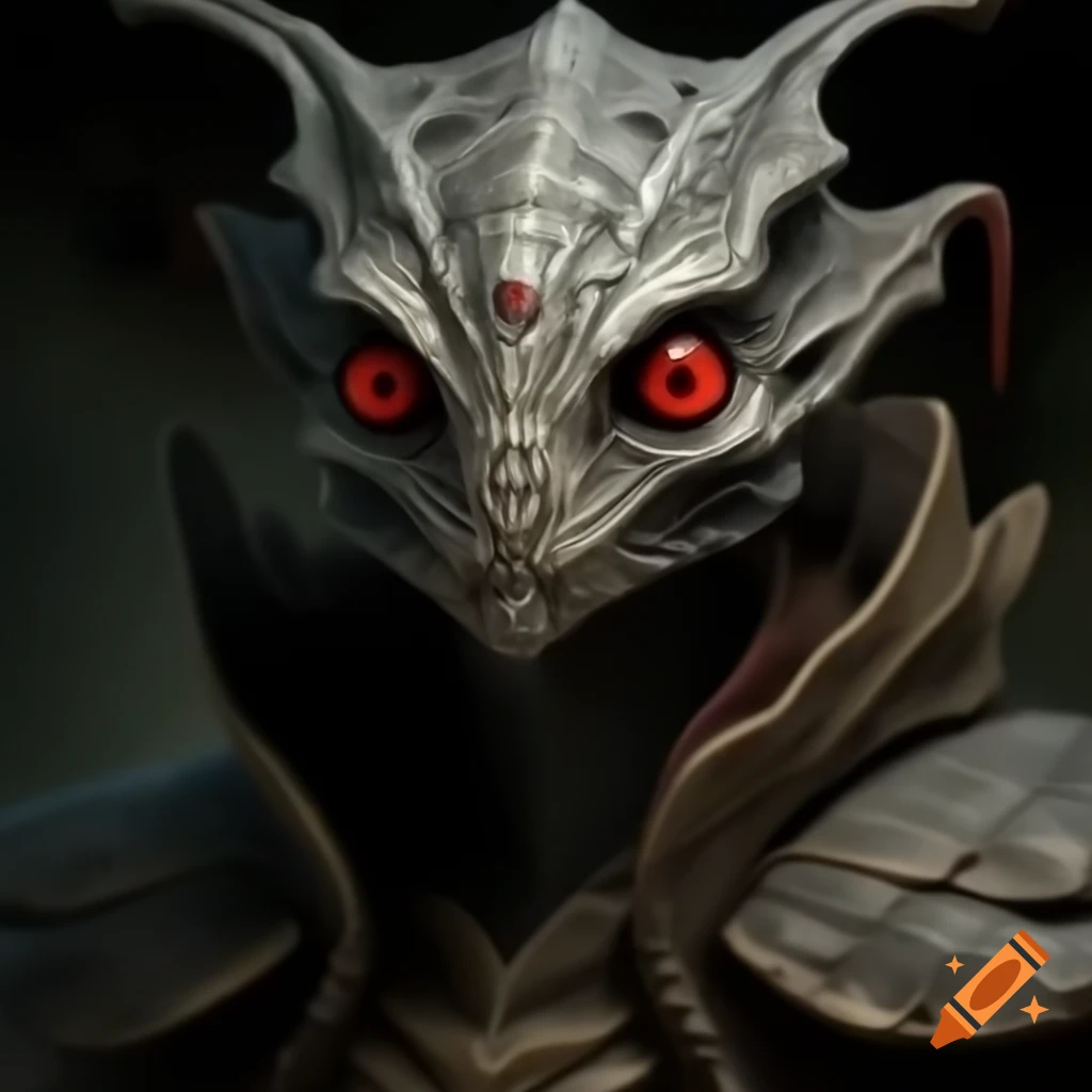 Highly detailed mothman cryptid character with red eyes and black-grey fur