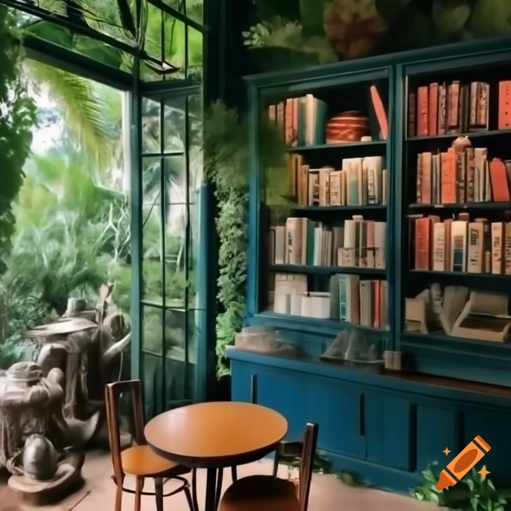 Nature themed reading nook in cafeteria designed as forest and beach settings