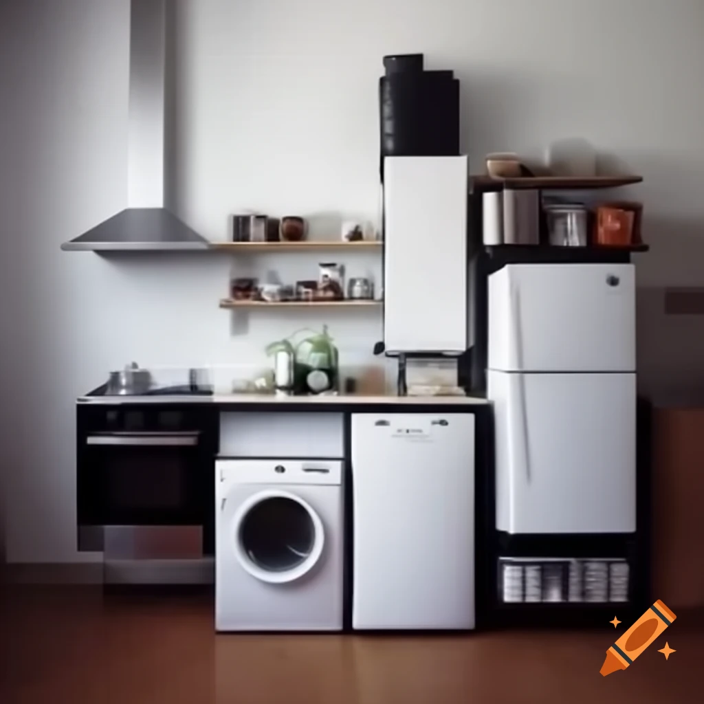 Modern household appliances in minimalist kitchen with white and stainless steel accents