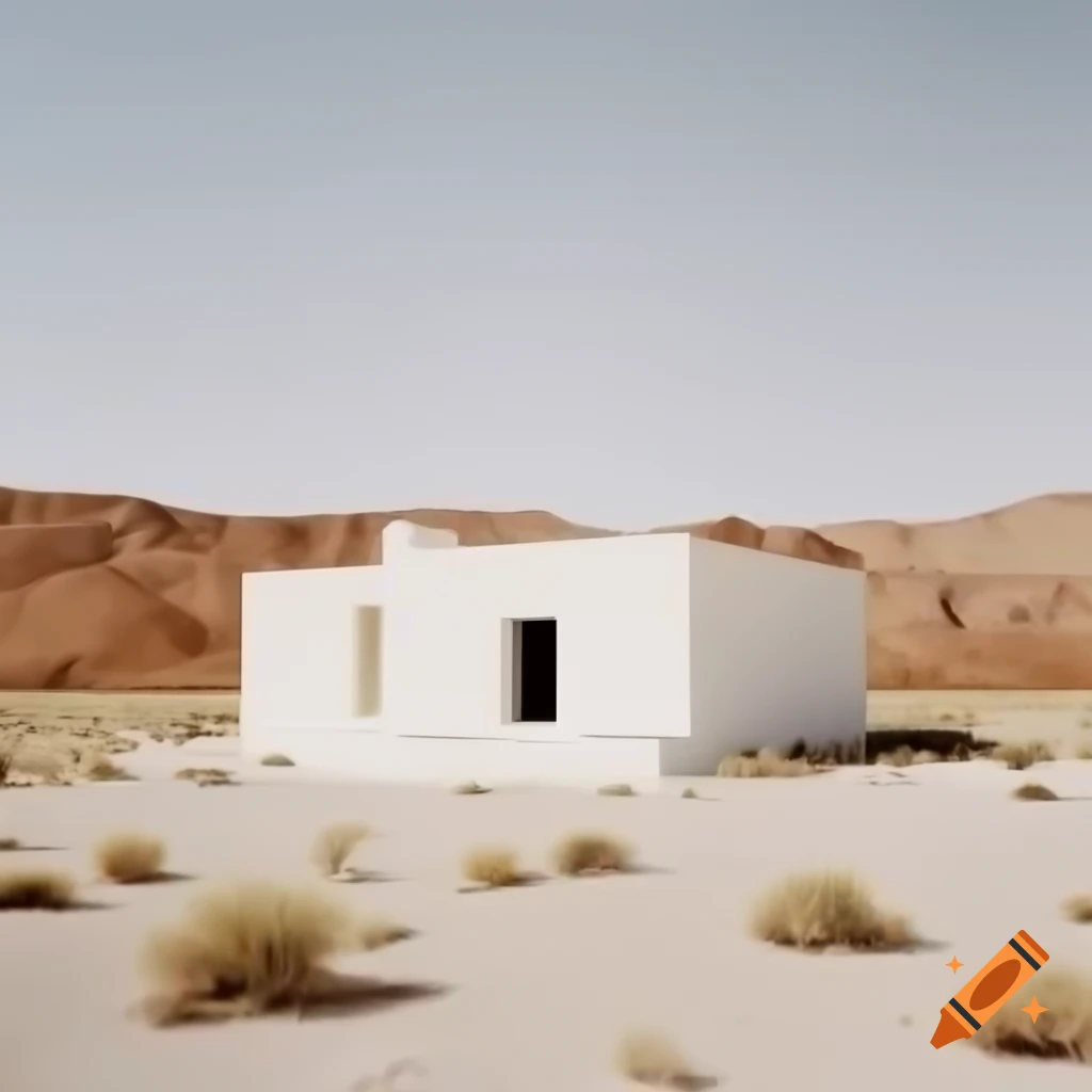 Small stone house in rocky desert landscape under murky sky