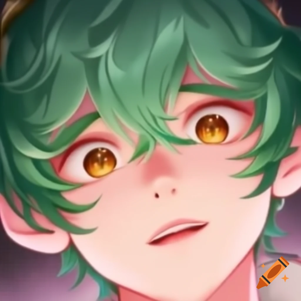 Anime character with short fluffy green and pink hair, round brown eyes and freckles